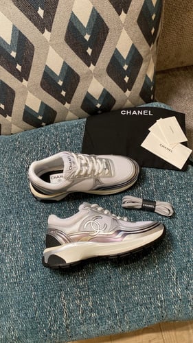 Chanel White & silver Leather And Neoprene CC Low...