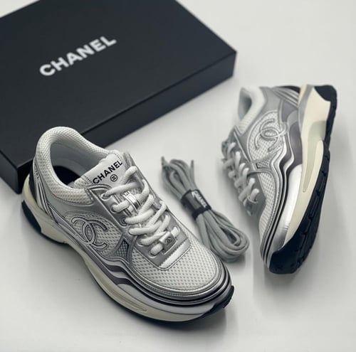 Chanel White & silver Leather And Neoprene CC Low...