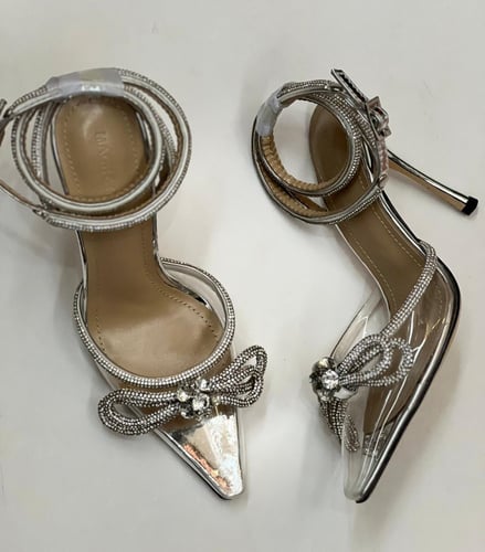 MACH AND MACH Double bow satin silver pumps
