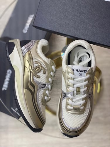 Chanel White & gold Leather And Neoprene CC Low To...