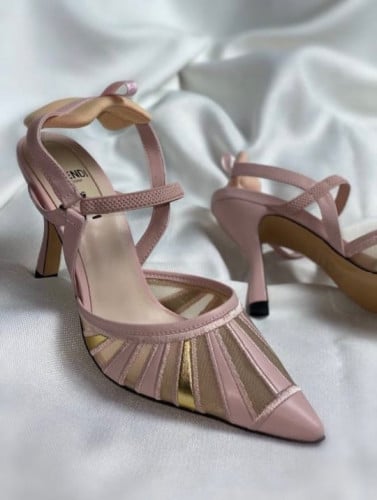 FENDI leather and mesh high-heeled rose slingbacks