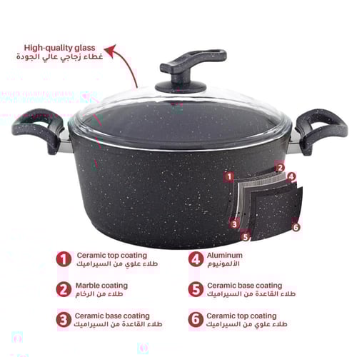 طقم قدور جرانيت غطاء زجاج - 18 قطعة - رمادي