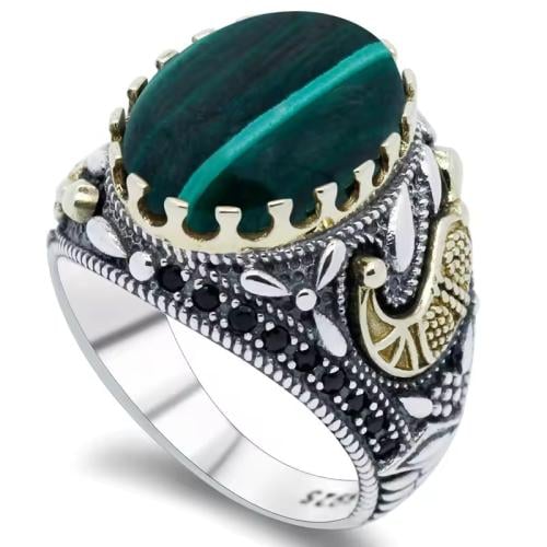 خاتم حجر المالاكيت من الأحجار الطبيعيه عيار 925