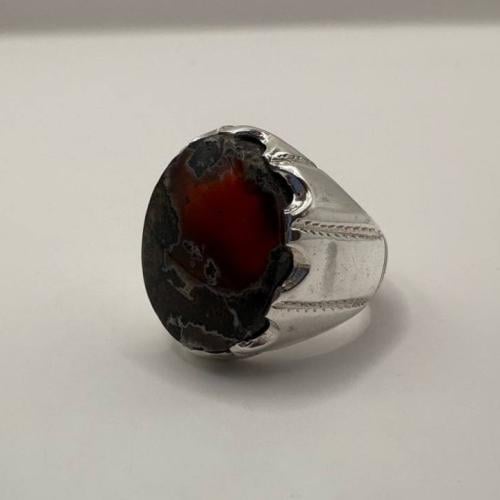 Yemeni agate, intricate, natural red, handmade silver, 925 karat