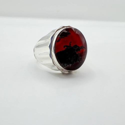 Yemeni agate, intricate, natural red, handmade silver, 925 karat