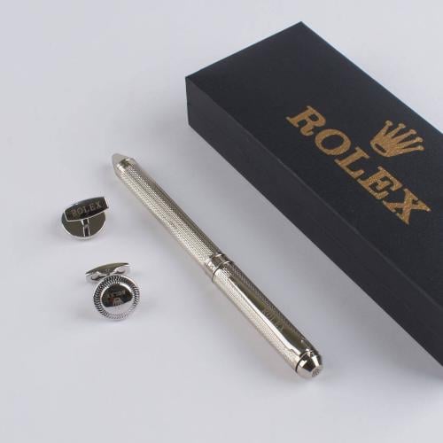 طقم رولكس فضي فاخر – قلم مميز وكبكات راقية بعلبة ف...