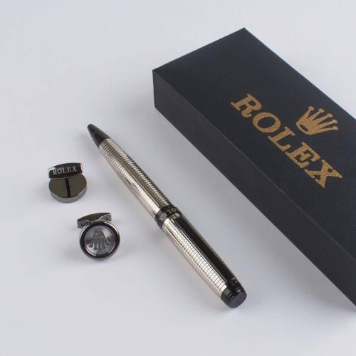 طقم رولكس رجالي فاخر – قلم فضي بمسات سوداء مع كبك...