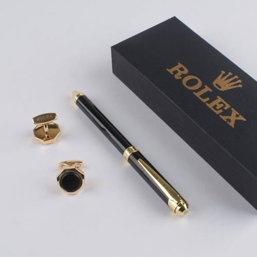 طقم رولكس فاخر – أسود بلمسات ذهبية مع قلم وكبكات