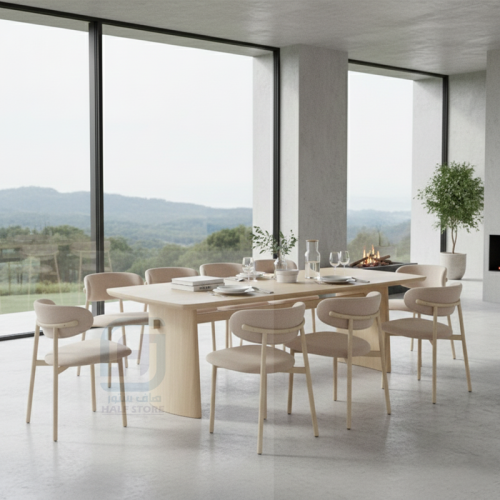 طاولة طعام خشب بيج مستطيل هيكل ترافرتينو 10كراسي ر...