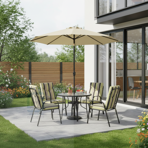 طقم طاولة طعام زجاج دائري قاعدة حديد مع مظلة 4كراس...