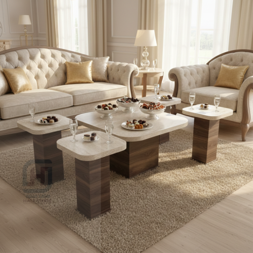 طقم طاولات ضيافة (كنب) خشب تركي فاتح بقواعد خشب 5ق...