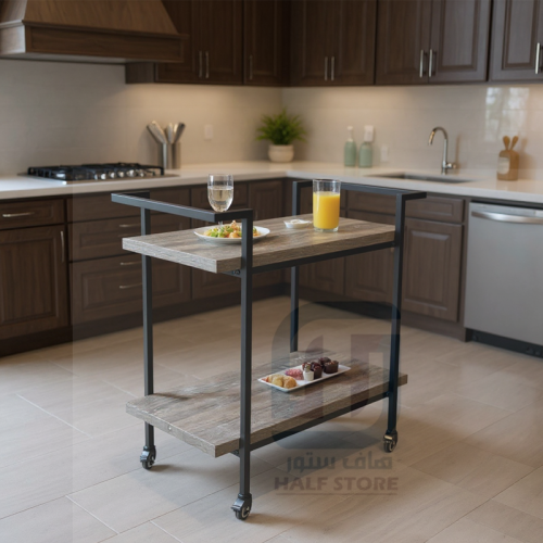 عربية تقديم مستطيلة بعجلات خشب بهيكل حديد 2دور رقم...