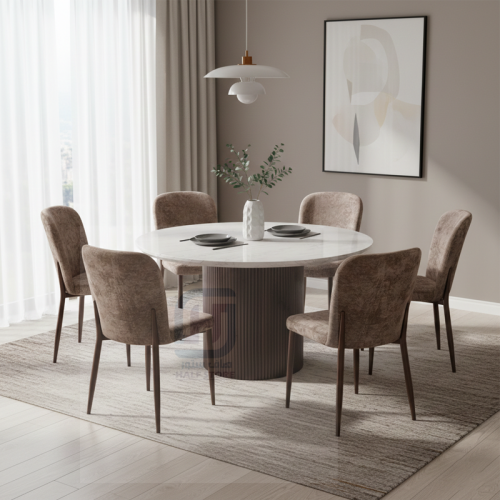 طقم طاولة طعام بديل رخام دائري قاعدة خشب 6كراسي رق...