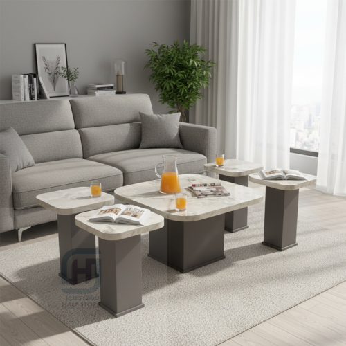 طقم طاولات ضيافة (كنب) خشب تركي فاتح بقواعد خشب 5ق...