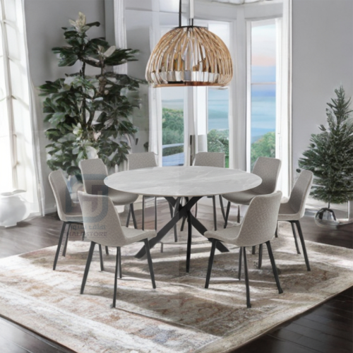 طاولة طعام سيراميك دائري قواعد حديد 8كراسي رقم 000...