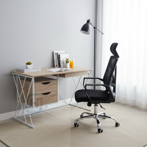 طاولة مكتب خشب بيج 2درج هيكل حديد ابيض رقم 0212