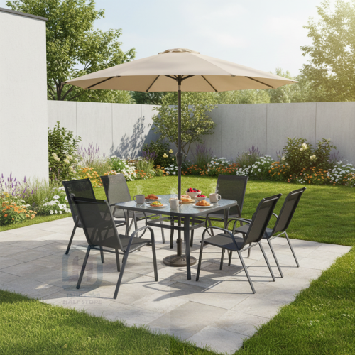 طاولة مستطيلة مظلة خارجية مع 6كراسي اسود رقم SC094...