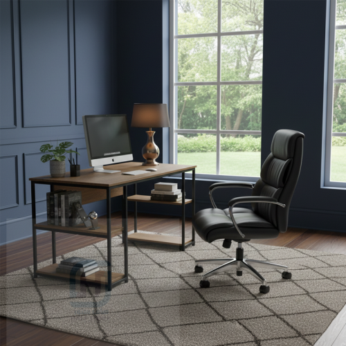 طاولة مكتب خشب بني 2رف هيكل حديد اسود رقم 0214