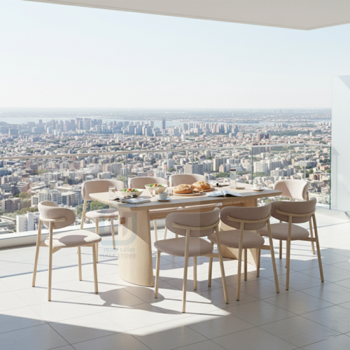 طاولة طعام خشب بيج مستطيل قواعد ترافرتينو 8كراسي ر...