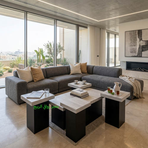 طقم طاولات كنب (ضيافة) بديل رخام قواعد خشب 5قطع رق...