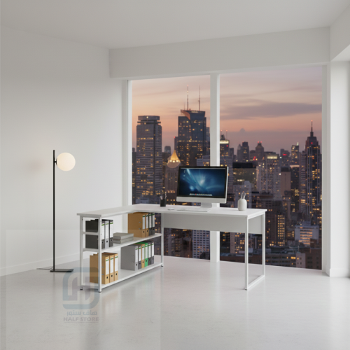 طاولة مكتب خشب ابيض 2رف هيكل حديد ابيض رقم 0214