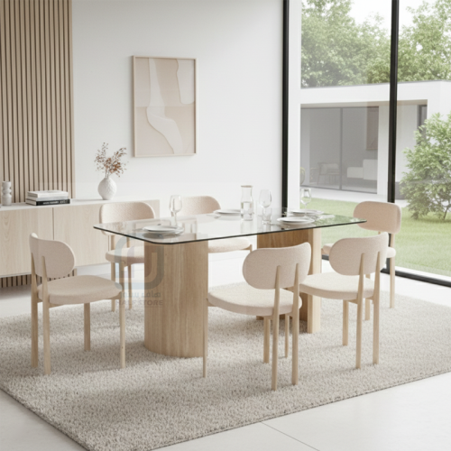 طاولة طعام زجاج شفاف مستطيل قواعد ترافرتينو 6كراسي...