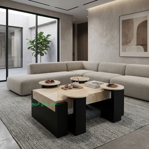 طقم طاولات كنب (ضيافة) بديل رخام قواعد خشب 5قطع رق...