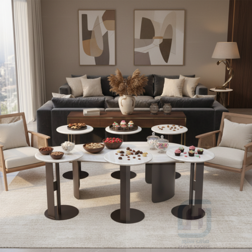 طقم طاولات ضيافة (كنب) بديل رخام فاتح دائري 7قطع ر...