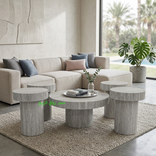 طقم طاولات كنب (ضيافة) خشب رمادي فاتح قواعد خشب 5ق...