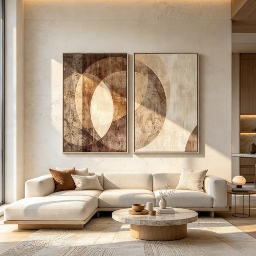 طقم لوحات جدارية ثنائية دوائر وأقواس هندسية طولية بيج وبني