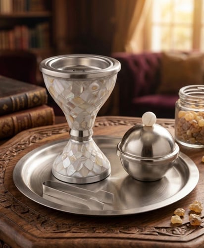 مبخرة ألومنيوم مزينة بالصدف الطبيعي، مصممة بعناية...