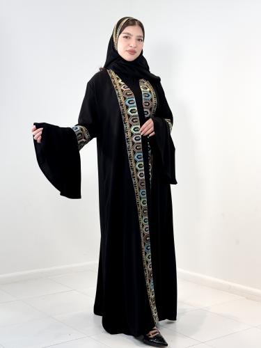 (0014) Abaya crepe royal black with Andalusian embroidery with golden print and pastel colors combining elegance and authenticity...