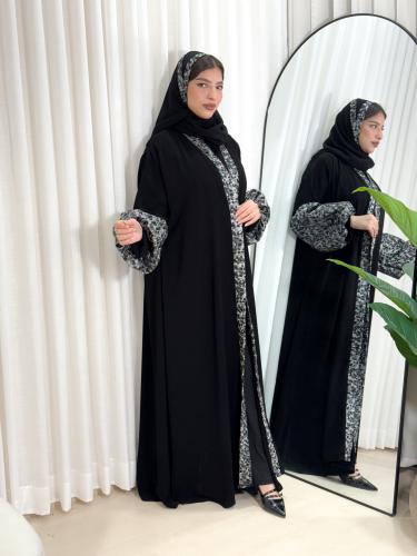 (0015) Black royal crepe abaya, half wide, and sleeves with beige and silver tiger print embroidery, luxurious from the front and...