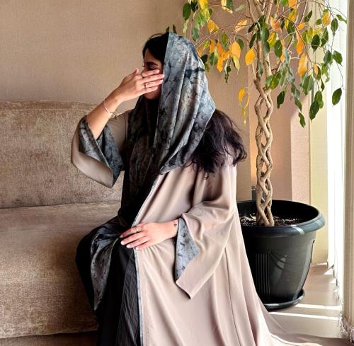 (0024) Soft abaya made of Chinese crepe fabric, cappuccino color, and elegant chiffon shawl