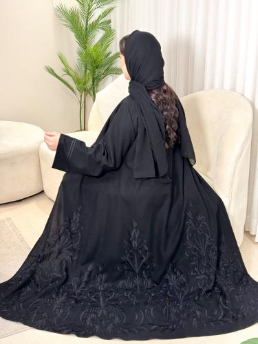 (0002) Black linen abaya with black royal embroidery and a delicate, elegant drawstring detail in front and on the sleeves