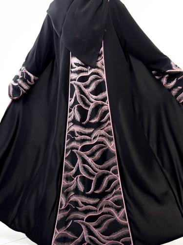 (0003) Black royal crepe abaya with pink floral lace inserts on the back and sleeves