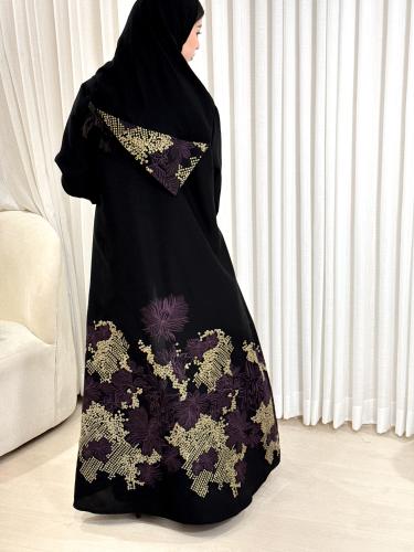 (0001) Elegant black linen abaya with fine and luxurious embroidery in gold and purple colors
