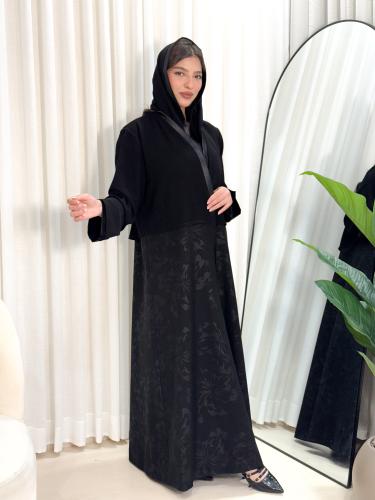 (0005) Black Jakar abaya with black floral patterns, with a soft touch of satin silk, in a jacket style from the top