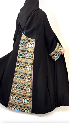 (0013) Black royal crepe abaya with Andalusian embroidery in gold pattern and pastel colors, combining elegance and authenticity....