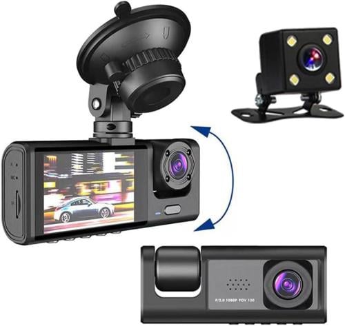 Dash cam with three cameras, front 1080P, internal 720P, and rear 720P, Wi-Fi via the app