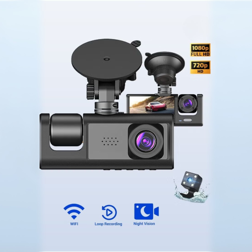 Dash cam with three cameras, front 1080P, internal 720P, and rear 720P, Wi-Fi via the app