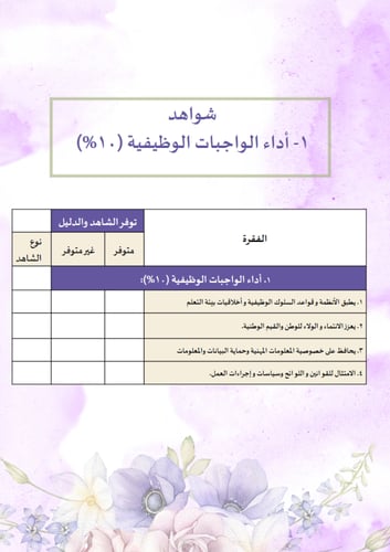 سجل توثيق شواهد اداء المعلم (ورود بنفسجي)