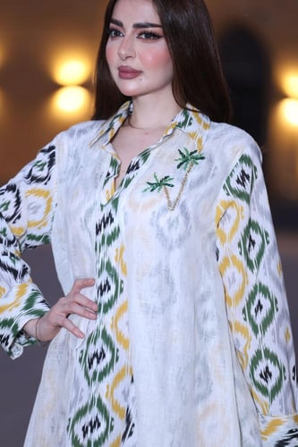 جلابية لينن خيش خفيف قطعتين بتطريز أنيق جمل ونخل ف...