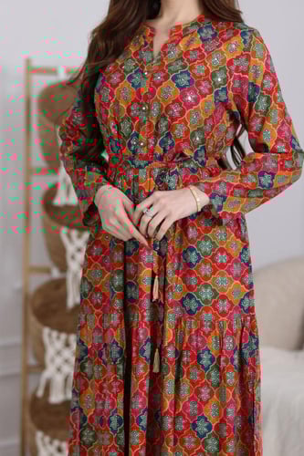 جلابية رايون قطن مشجرة بتطريز خفيف في الصدر