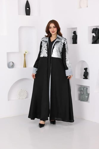 جلابية لينن قطعتين بتدخيلات الترتر وفتحة في الظهر