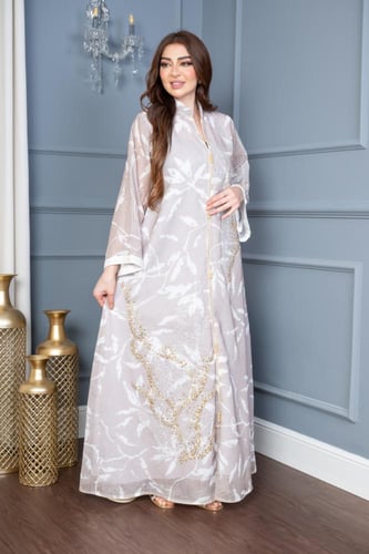 جلابية لينن ثقيل ممزوجة بنقش جميل وتطريز ذهبي مدرج