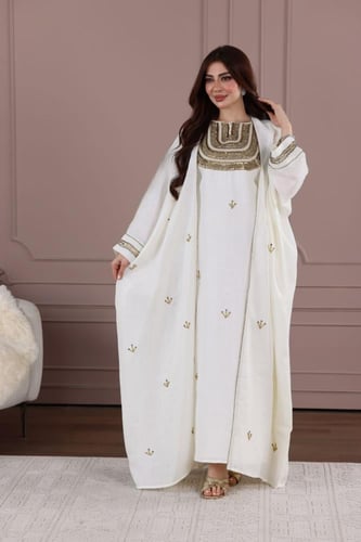 جلابية لينن قطعتين بتطريز شك أنيق