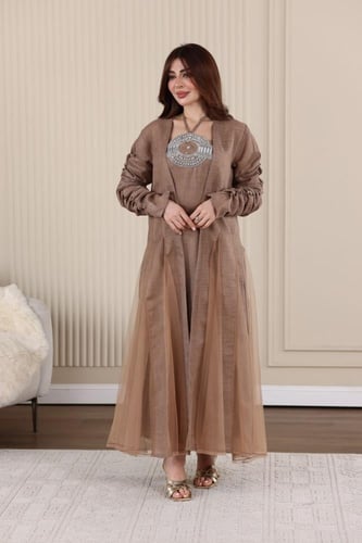 جلابية لينن قطعتين كويتية ممزوجة بالتل بتطريز كرست...