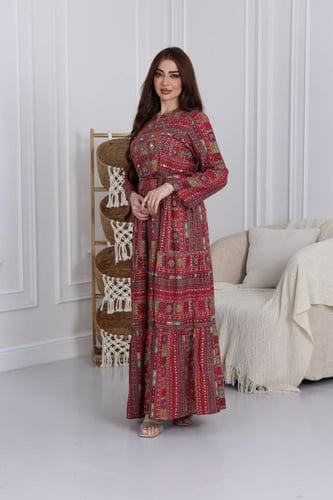 جلابية رايون قطن مشجرة بتطريز خفيف في الصدر