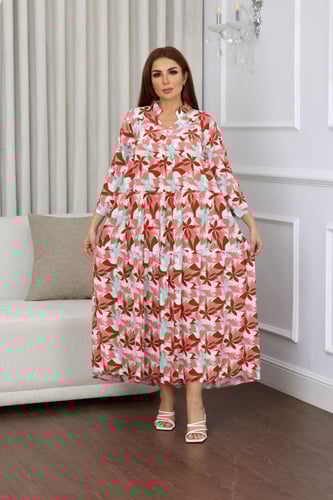 جلابية روز قطن خفيف صيفية طويلة ( رقبة سبعة )